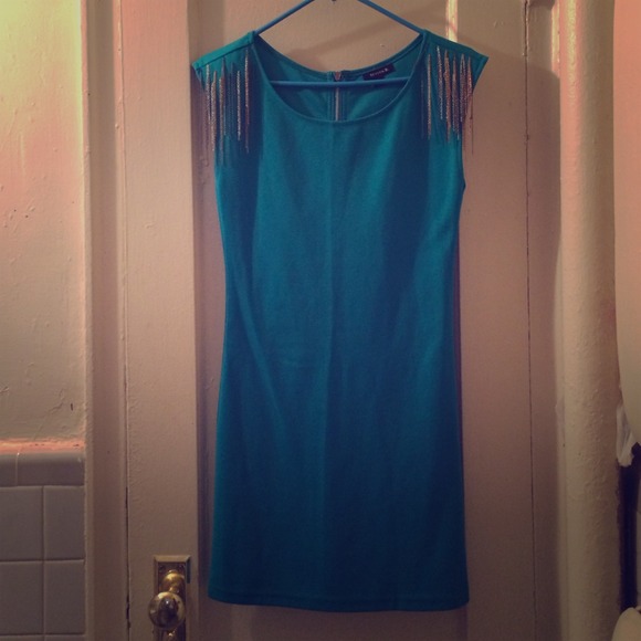 Teal bodycon with metallic shoulder tassles