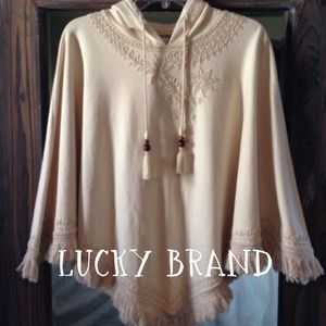 LUCKY BRAND Cream Fringed,Hooded Boho Cape/Poncho