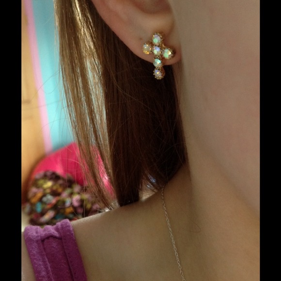 Gold cross earrings with colored crystals!
