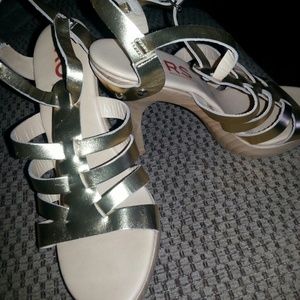 Wooden heeled Micheal Kors gold Strappy heels