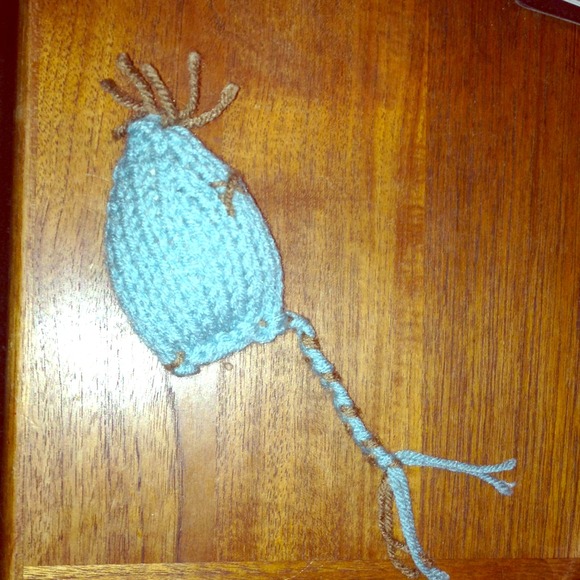 Blue and brown knitted cat toy