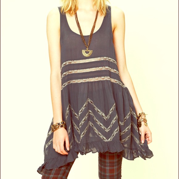 Free People Voile and Lace Trapeze Slip - Storm