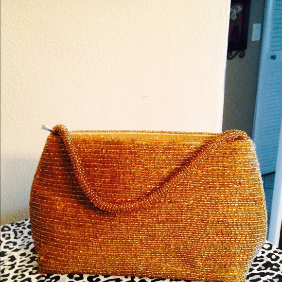 Gold beaded & satin clutch