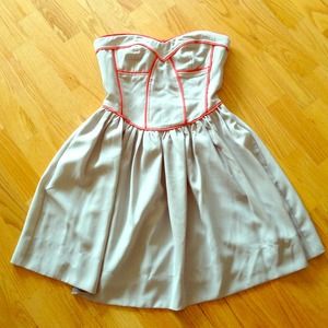 Strapless grey blue dress with coral details