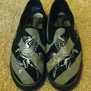 Black and gray unicorn Skechers slip on shoes