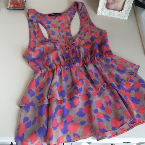 Akira Tops - Pink and purple printed, ruffle tank top