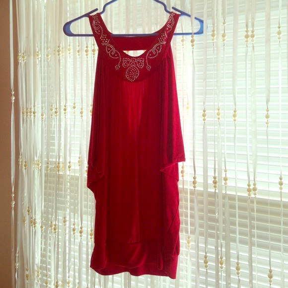 Red shirt with gem neckline