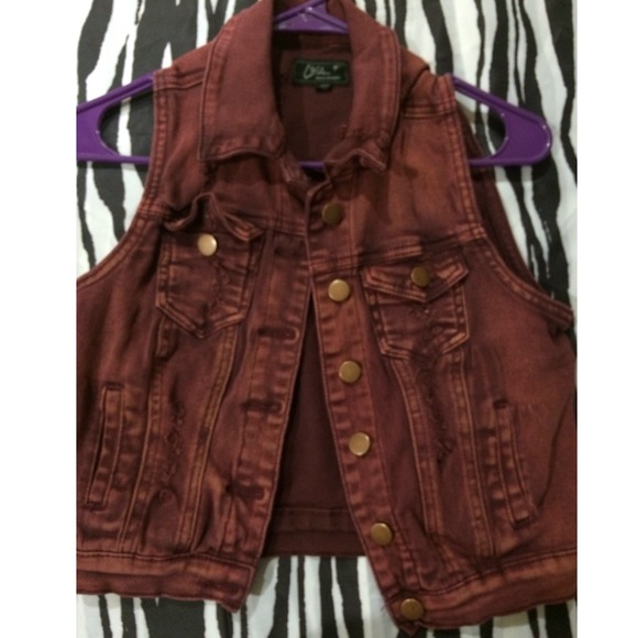 Burgandy acid washed jean vest.