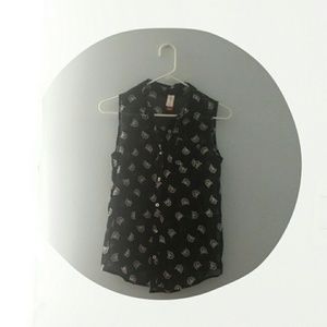 Sheer Cat Printed Button Down Top