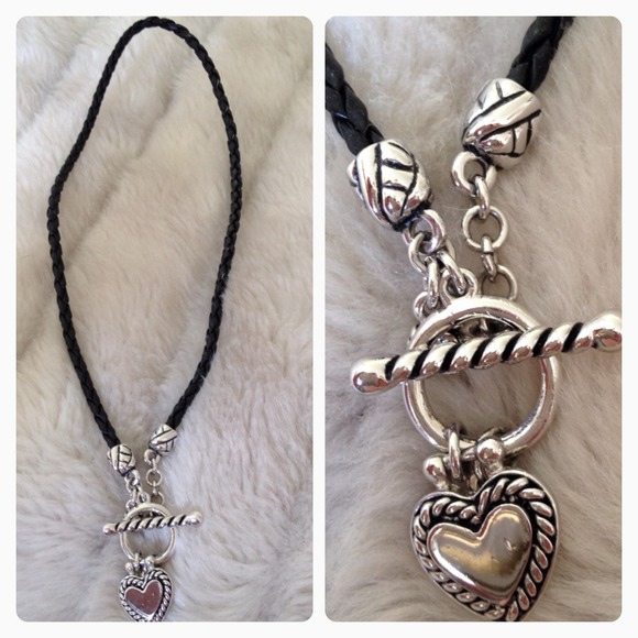 Black Leather and Silver Heart Necklace