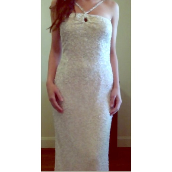 White fully beaded long gown with slit