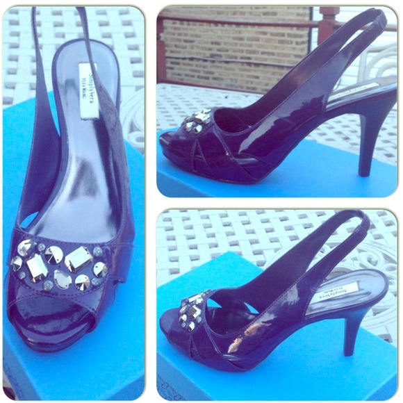 New in box! Open toe purple heels, pewter stones.