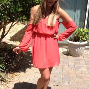 Coral off the shoulder chiffon dress