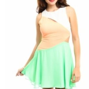 Ivory, peach, and green skater dress.