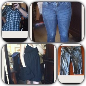 Jean caprice, jean shorts, black dress,plaid shirt