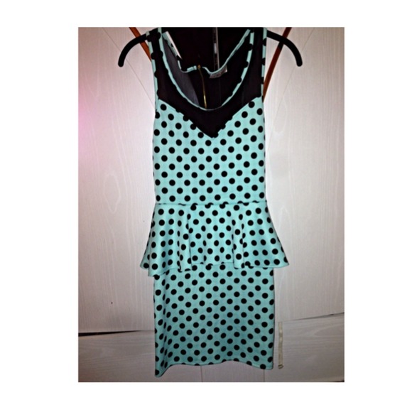 Teal and black polka dot peplum dress