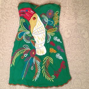 Strapless Toucan Embroided Sweetheart Summer Dress