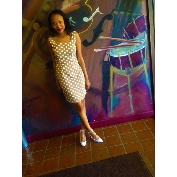 Pooka dot tan & white A line dress .