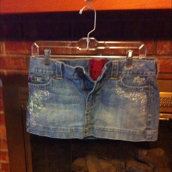 Denim mini skirt with beaded detail
