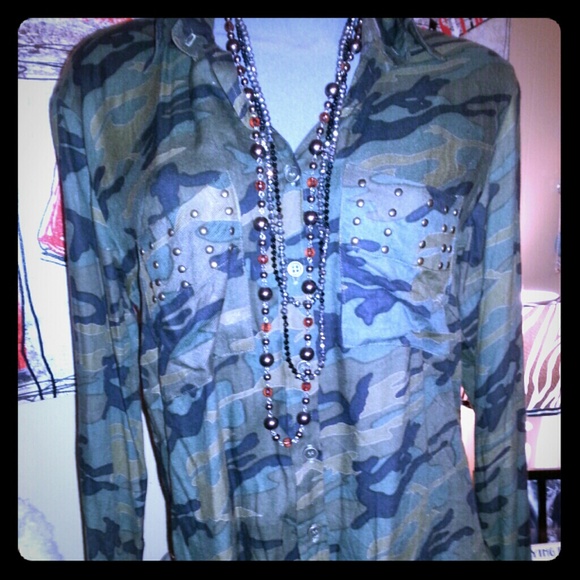 Long  Sleeved Camo Button up Top