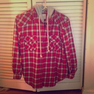 Red, flannel button up with a grey hood