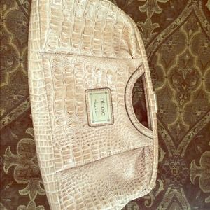 Nicole Miller blush patent mock croc handbag