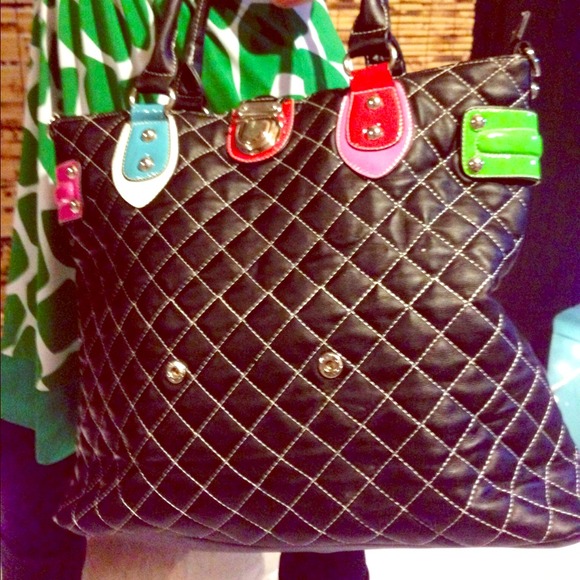 Handbags - Large vegan quilted tote bag, black w/multi-colors
