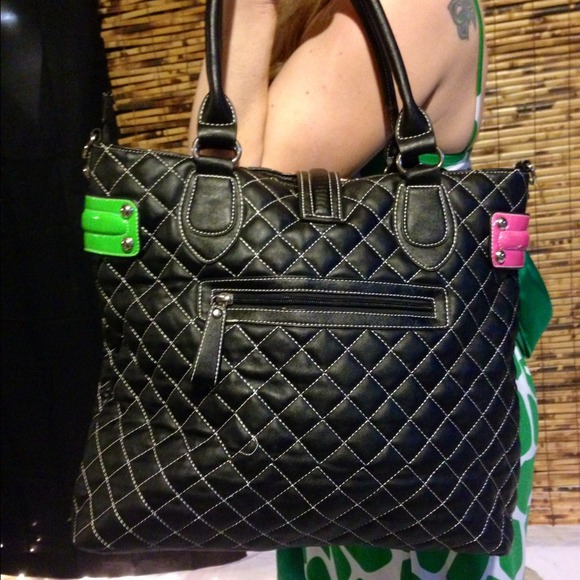 Large vegan quilted tote bag, black w/multi-colors - Picture 2 of 4