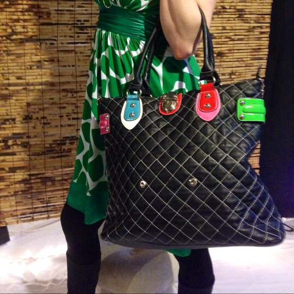 Large vegan quilted tote bag, black w/multi-colors - Picture 3 of 4