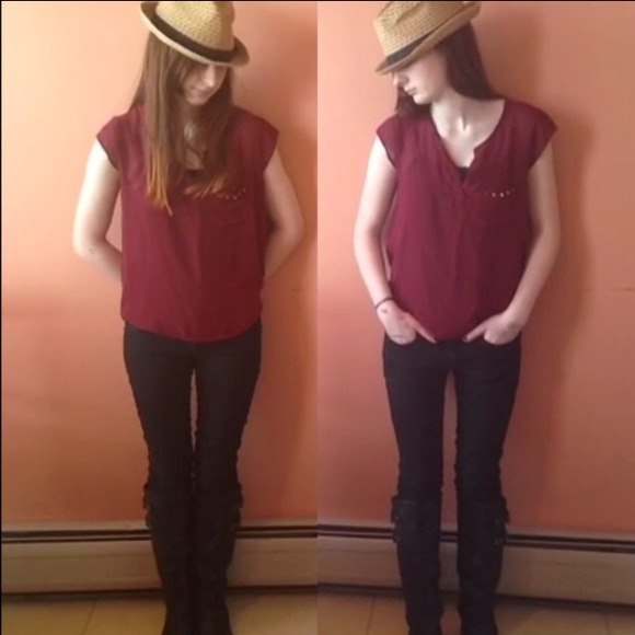 Burgundy sheer blouse with gold studs