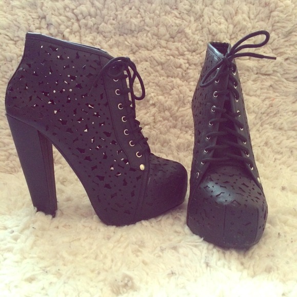 Black leather ankle heel boots