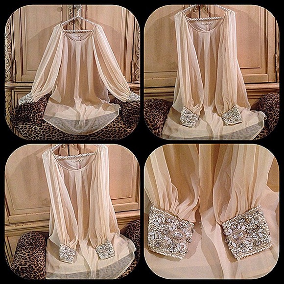 SOLD IN BUNDLE Cream chiffon dress bejeweled cuffs - Picture 2 of 4