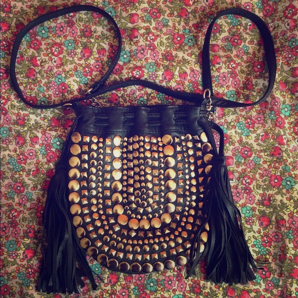 Studded cross body bag with fringe