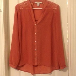 Hi-lo cut dark coral sheer button up!