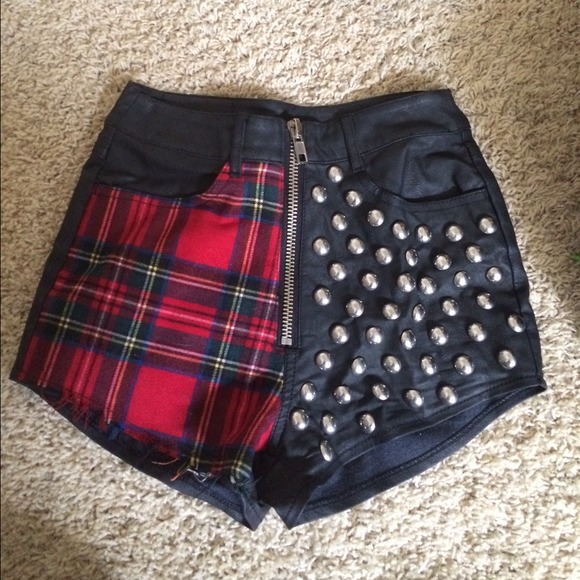 UNIF Jagger Plaid and Faux Leather Studded Shorts