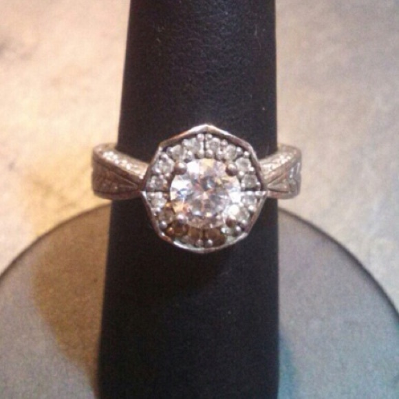 Vintage sterling halo encrusted engagement ring