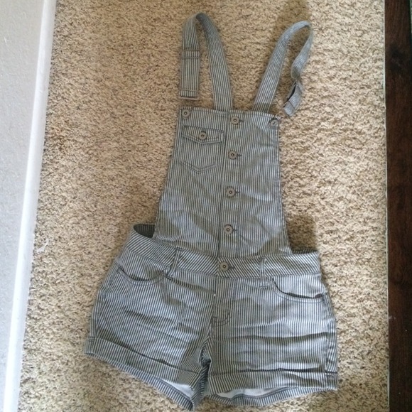 Grey and White Striped Overalls Shorts