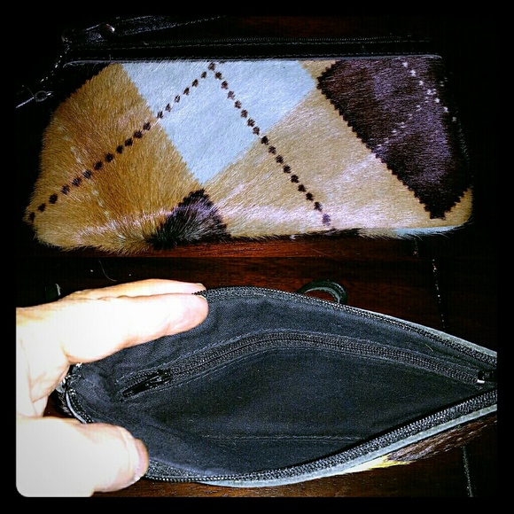 Cowhide leather wristlet in Green Plaid