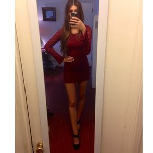 Long sleeve sexy red lace dress