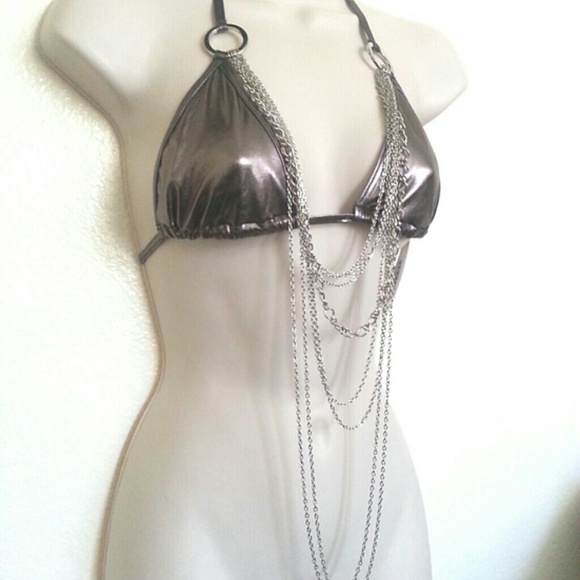 Silver Gunmetal Metallic Chain Bikini Top