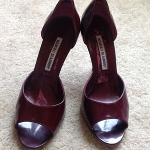 Manolo Blahnik Burgundy Patent Peep Toe Heels