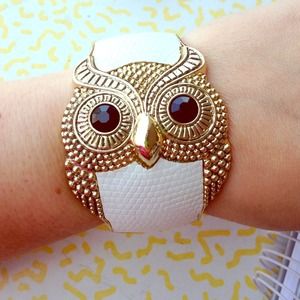 Gold & White Leather Owl Cuff Bracelet