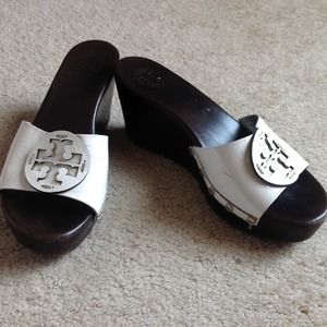 White Tory Burch Leather Sandal Wedges Size 10