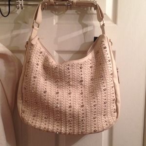 NWT beige rhinestone covered woven shoulder bag!