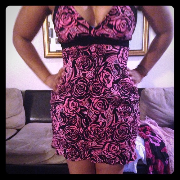 Black and Pink Floral Halter Summer Bebe Dress