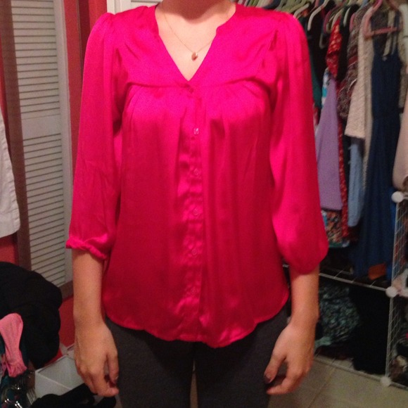 Hot pink button up silk shirt