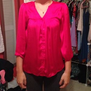 Hot pink button up silk shirt