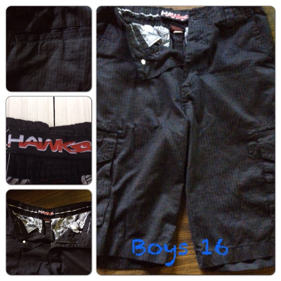 L) Hawk Boys Cargo Shorts Size 16 Black Casual Pockets Adjustable Waist Skater
