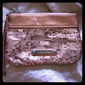 Pink/Gold sequin clutch from express