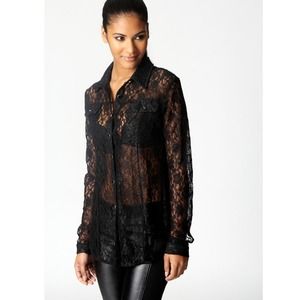 Black Sheer Lace Button Up Blouse with Collar